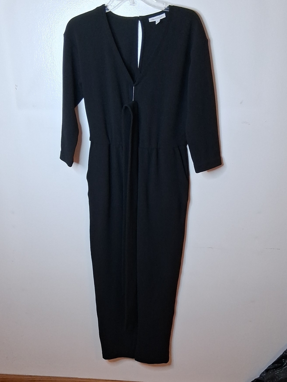 Prologue Women's Size Small Black Midi Jumpsuit with V-Neck and Tie Waist